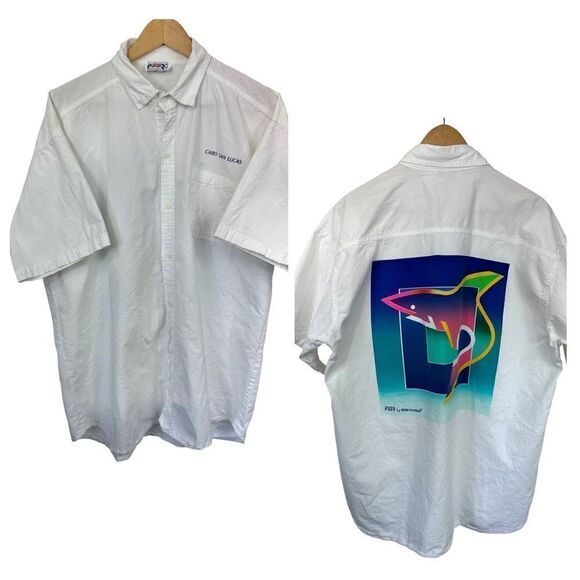 VTG PEER by Peter Mussfeldt White Cabo San Lucas Shark Button Down Shirt, XL - Picture 1 of 12